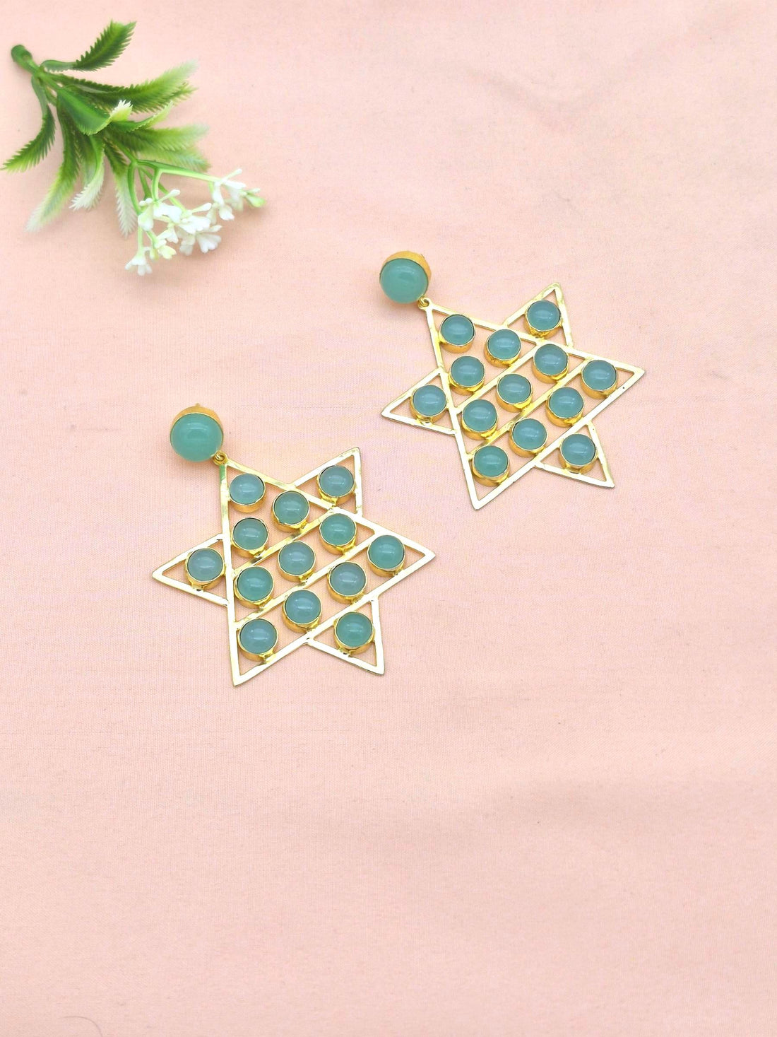 Amazing Gold Plated Semi Precious Stones Astronomical Star Designer Party Wear Dangle Drop Earrings