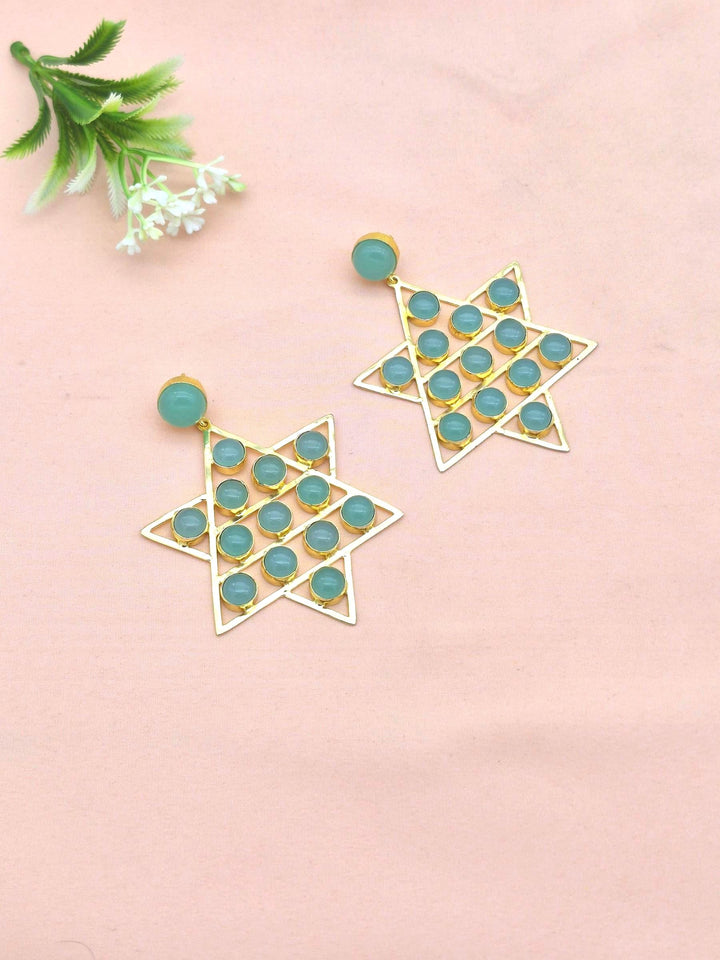Amazing Gold Plated Semi Precious Stones Astronomical Star Designer Party Wear Dangle Drop Earrings