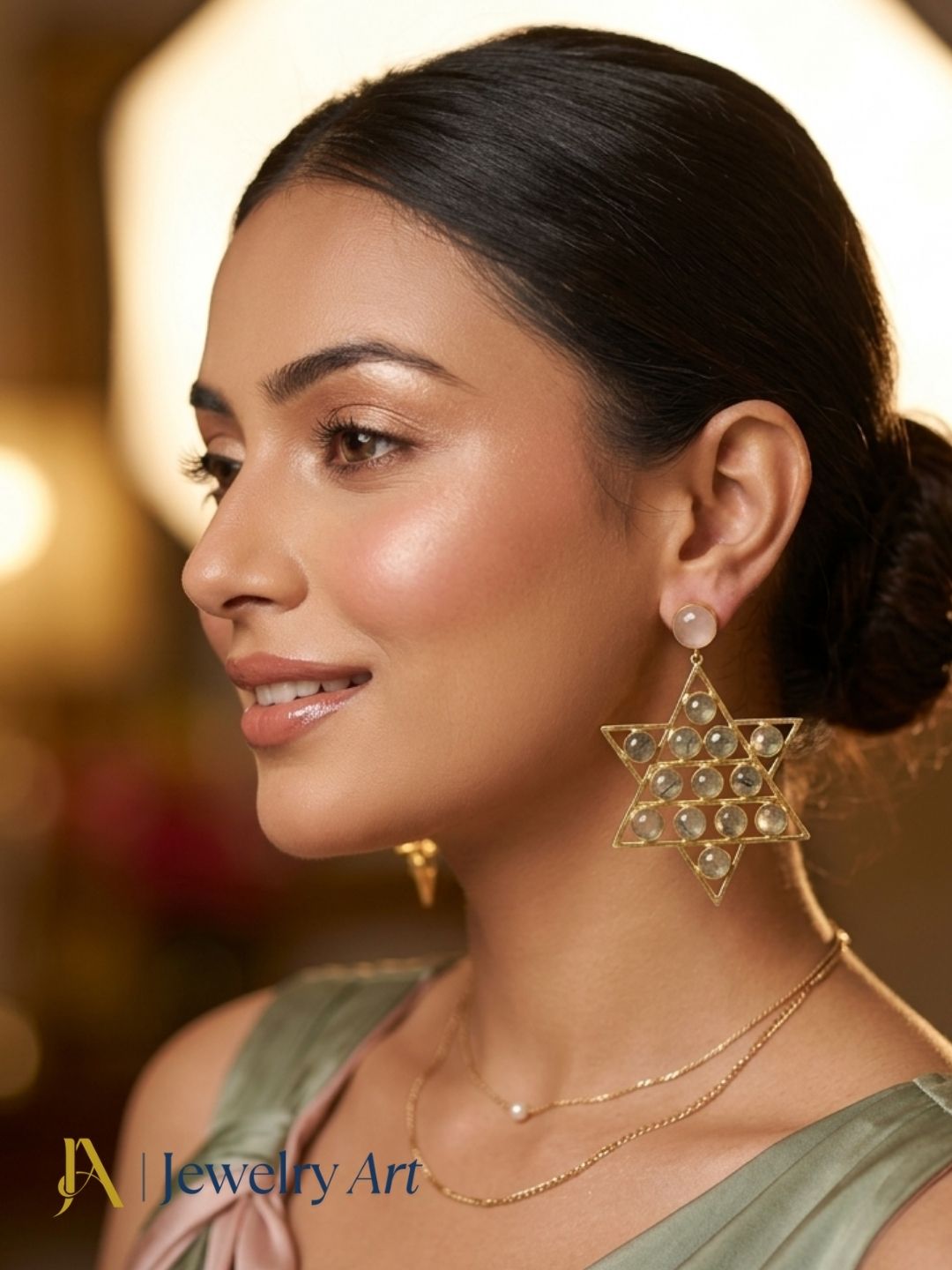 Woman wearing gold plated Prehnite and Rose Quartz gemstone dangle earrings
