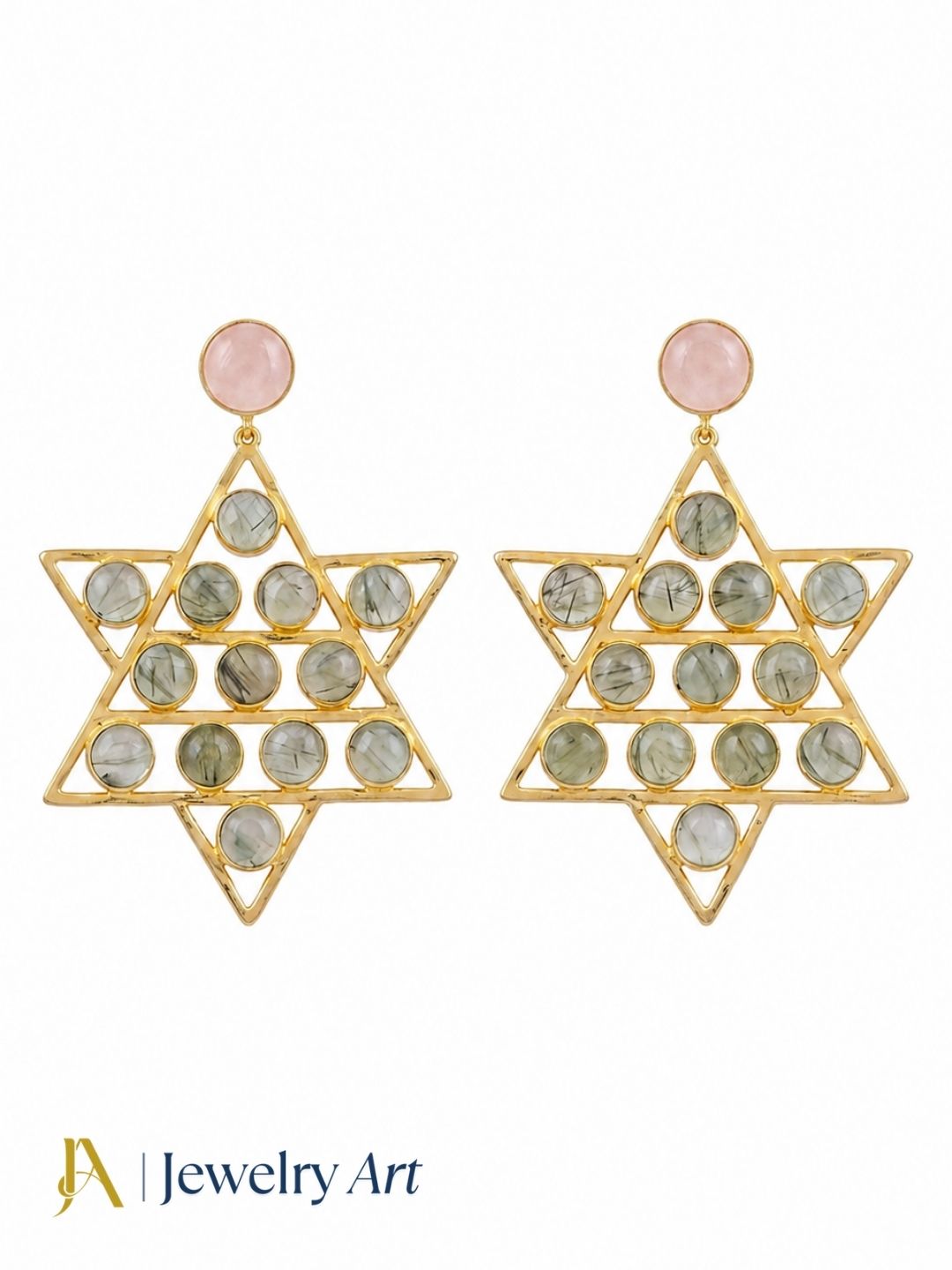 Designer gold plated Prehnite Rose Quartz earrings isolated on white background
