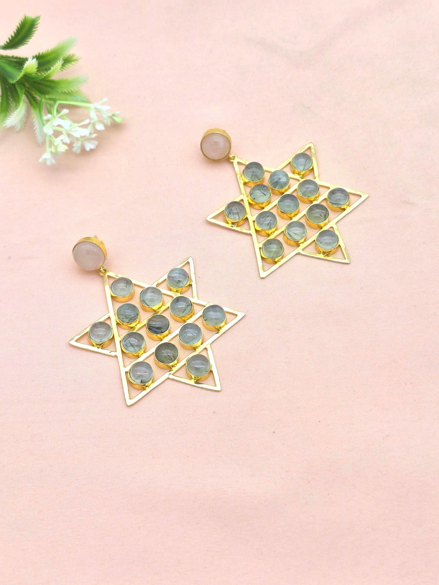 Amazing Gold Plated Semi Precious Stones Astronomical Star Designer Party Wear Dangle Drop Earrings