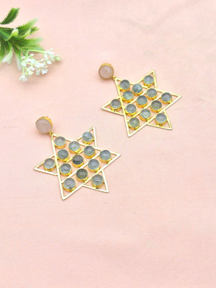Amazing Gold Plated Semi Precious Stones Astronomical Star Designer Party Wear Dangle Drop Earrings