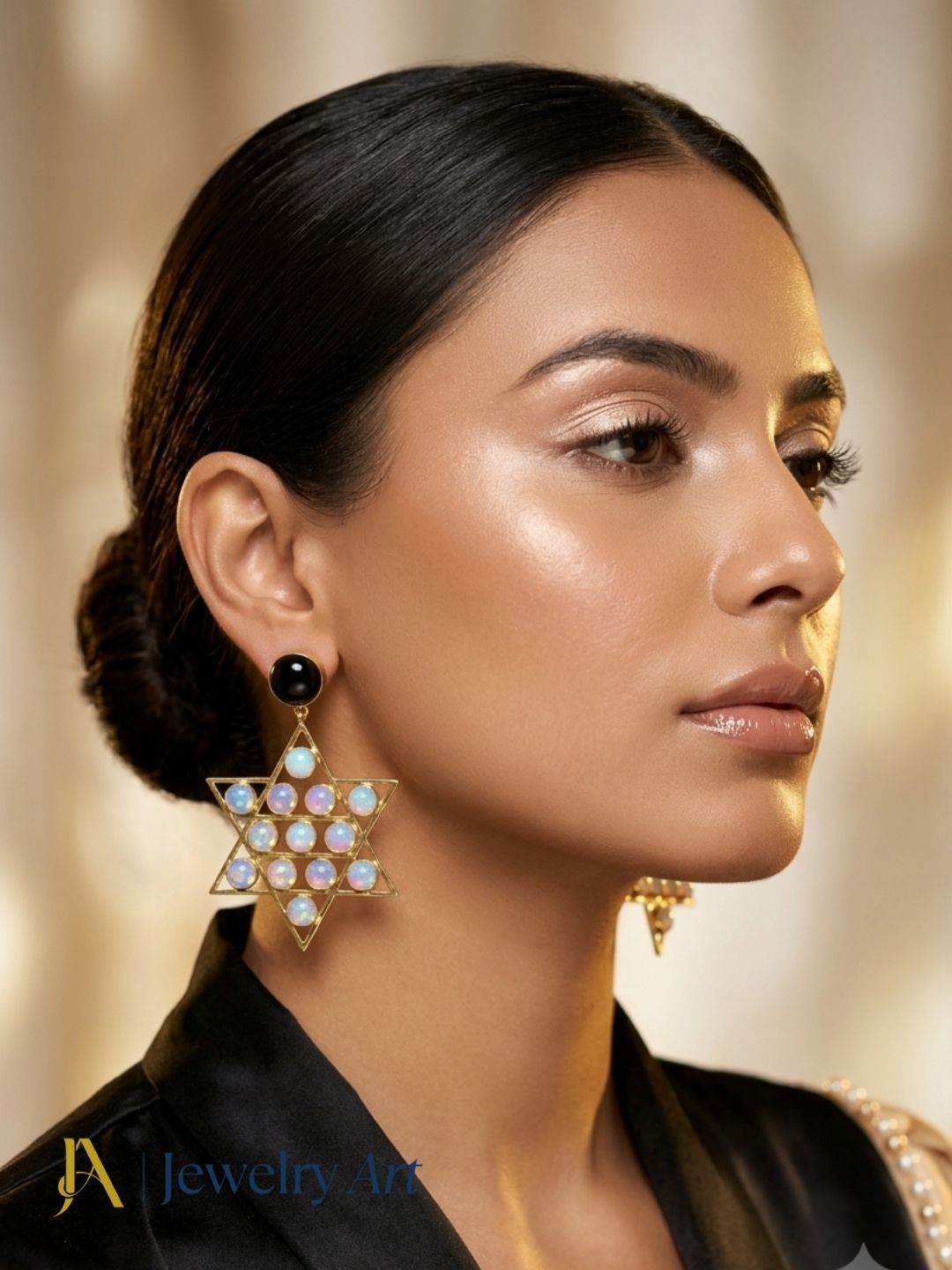 Fashion styling with handcrafted Synthetic Opal and Black Onyx gemstone jewelry
