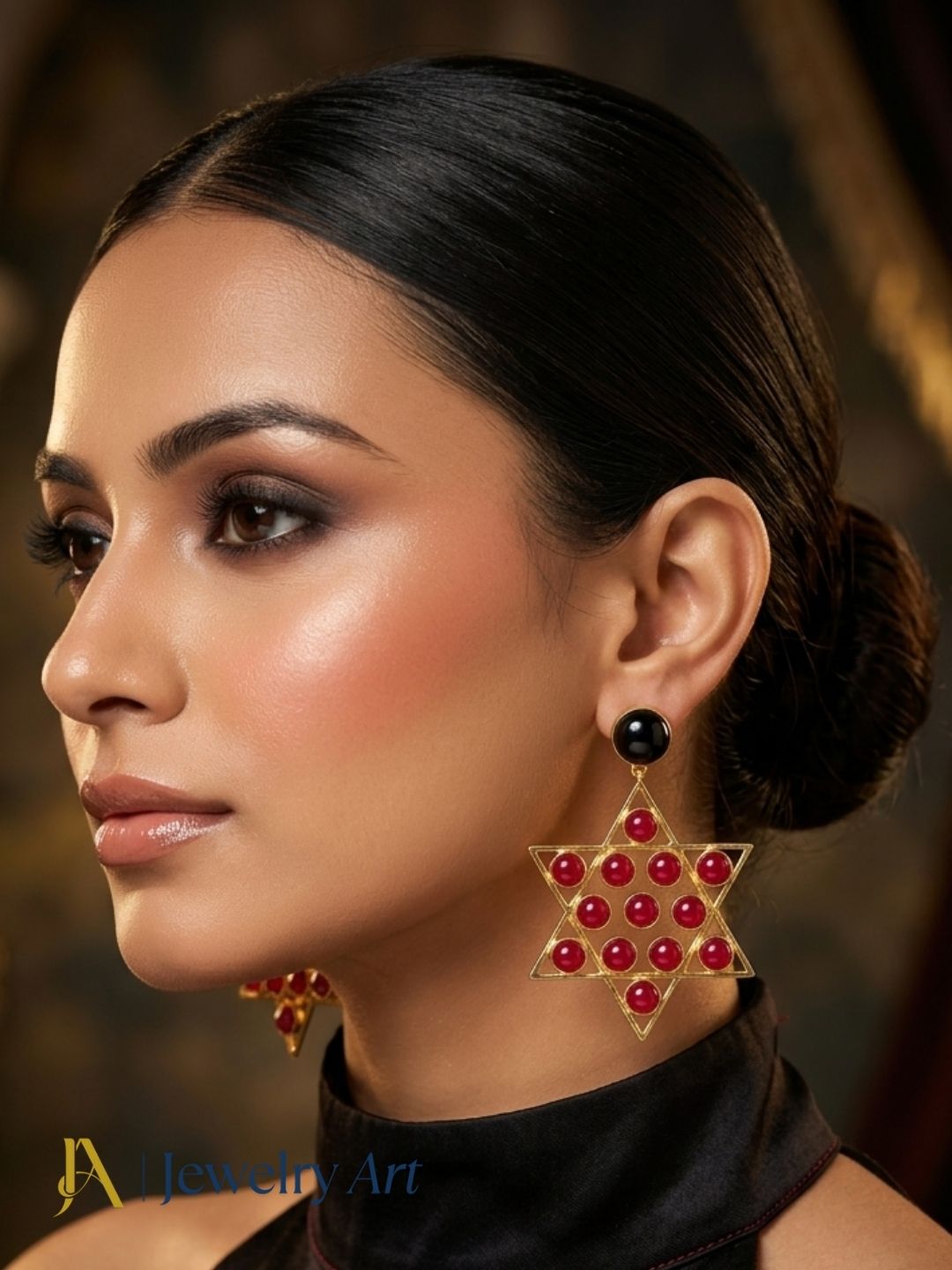 Elegant fashion portrait featuring Red Glass Black Onyx designer earrings
