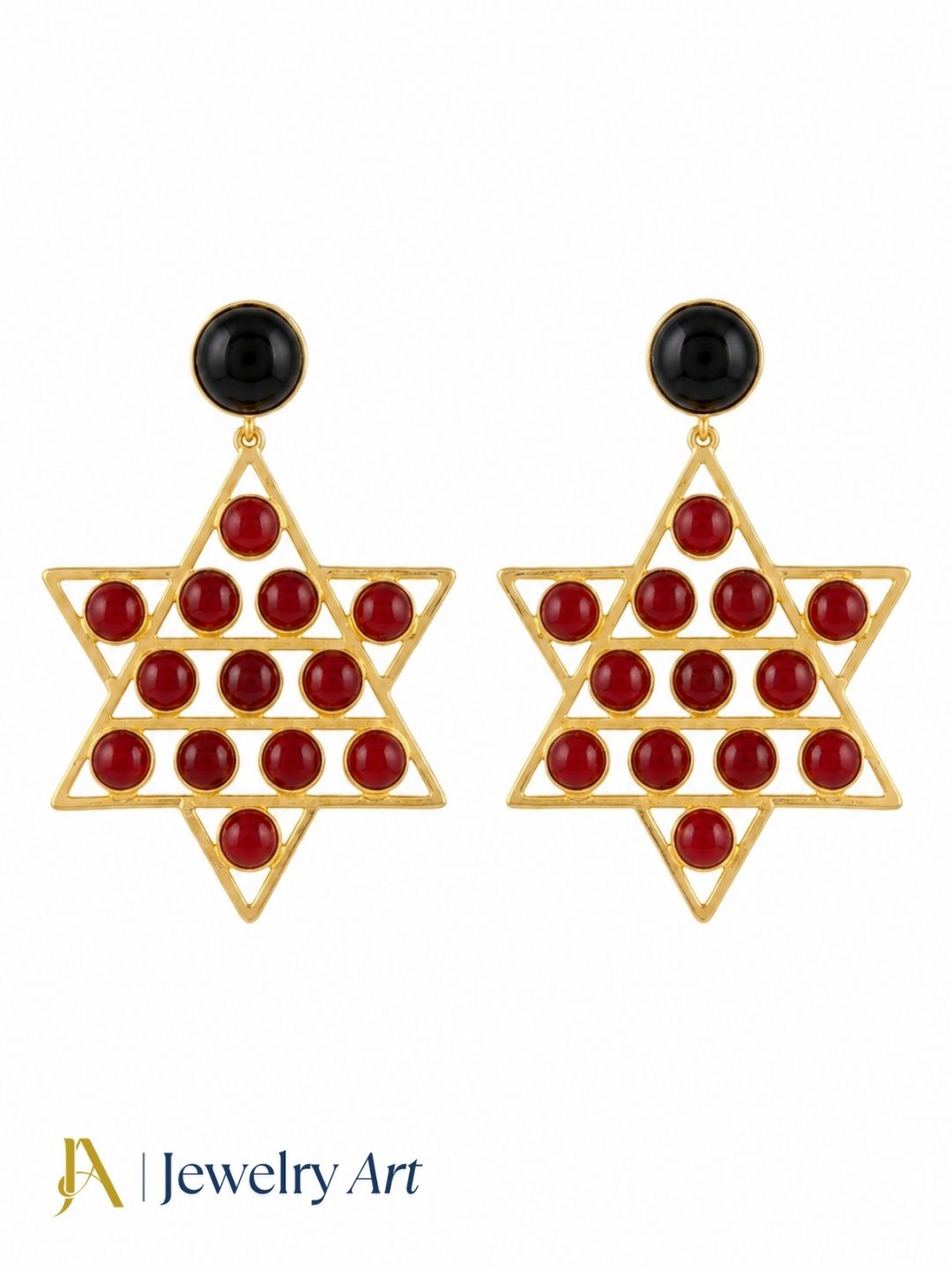 Premium gold plated Red Glass Black Onyx gemstone earrings on white background
