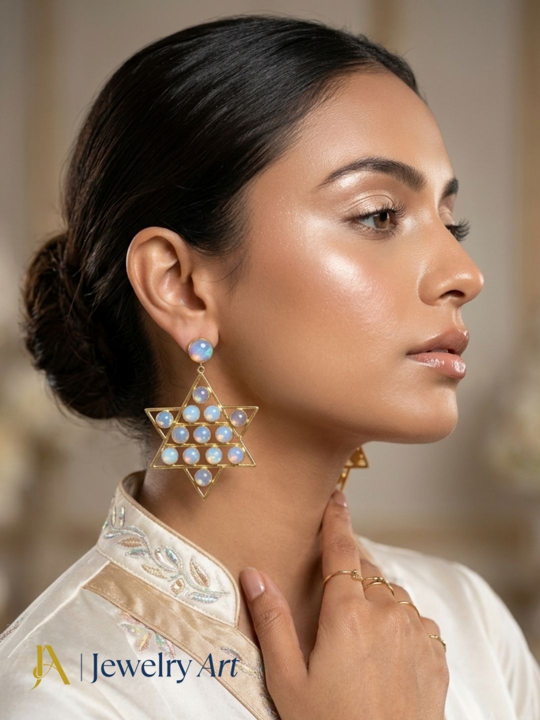 Woman showcasing premium Synthetic Opal party wear earrings
