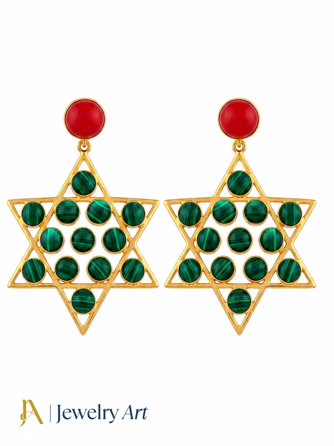 Amazing gold plated Red Glass and Malachite astronomical star designer party wear dangle drop earrings on pure white background.

