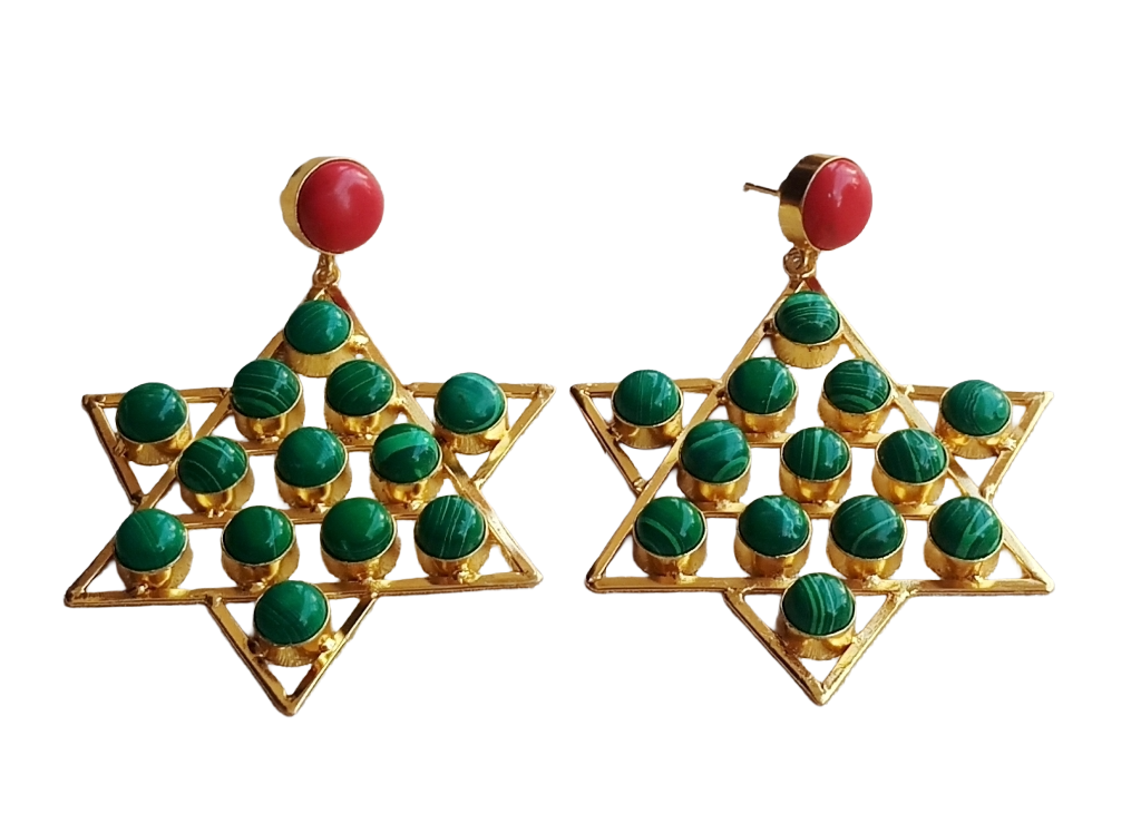 Amazing Gold Plated Red Glass-Malachite Astronomical Star Designer Party Wear Dangle Drop Earrings