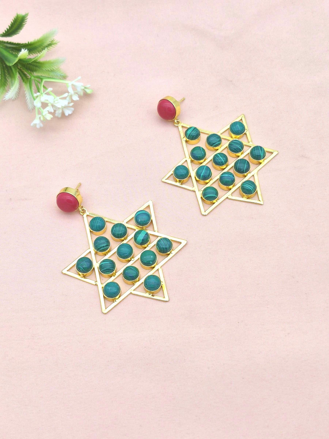 Amazing Gold Plated Red Glass-Malachite Astronomical Star Designer Party Wear Dangle Drop Earrings