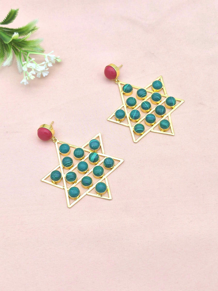 Amazing Gold Plated Red Glass-Malachite Astronomical Star Designer Party Wear Dangle Drop Earrings