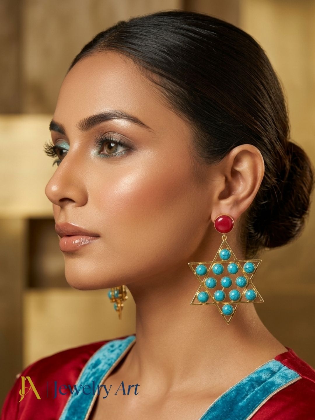 Fashion styling with handcrafted Red Onyx and Synthetic Turquoise gemstone jewelry
