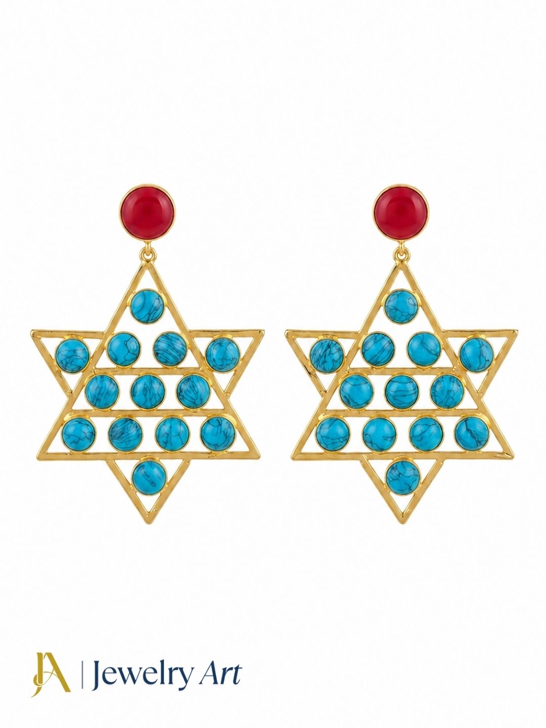 Modern gold plated Red Onyx Synthetic Turquoise costume drop earrings
