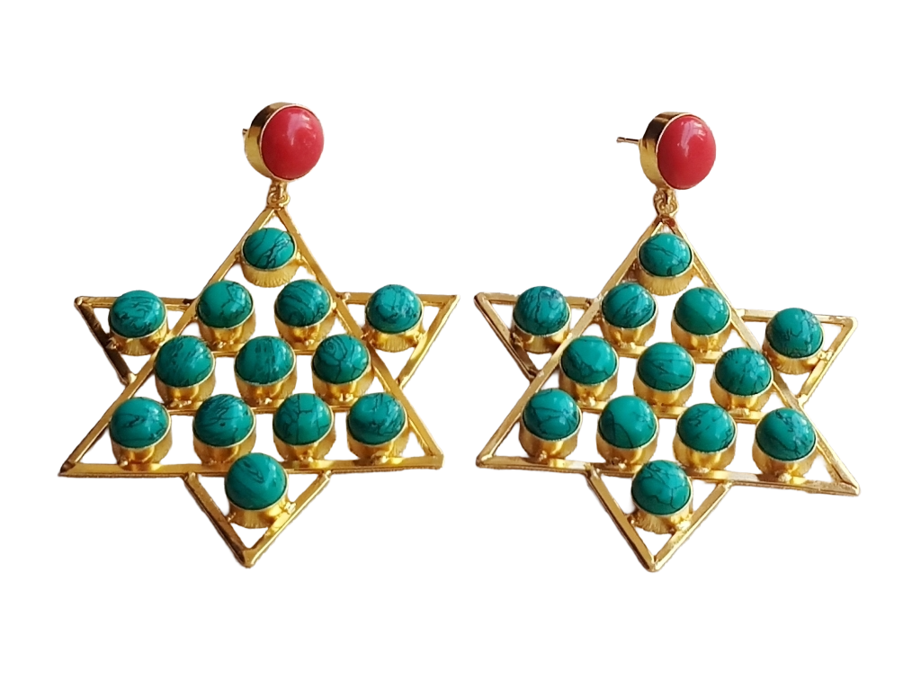 Amazing Gold Plated Red Glass-Synthetic Turquoise Astronomical Star Designer Party Wear Dangle Drop Earrings