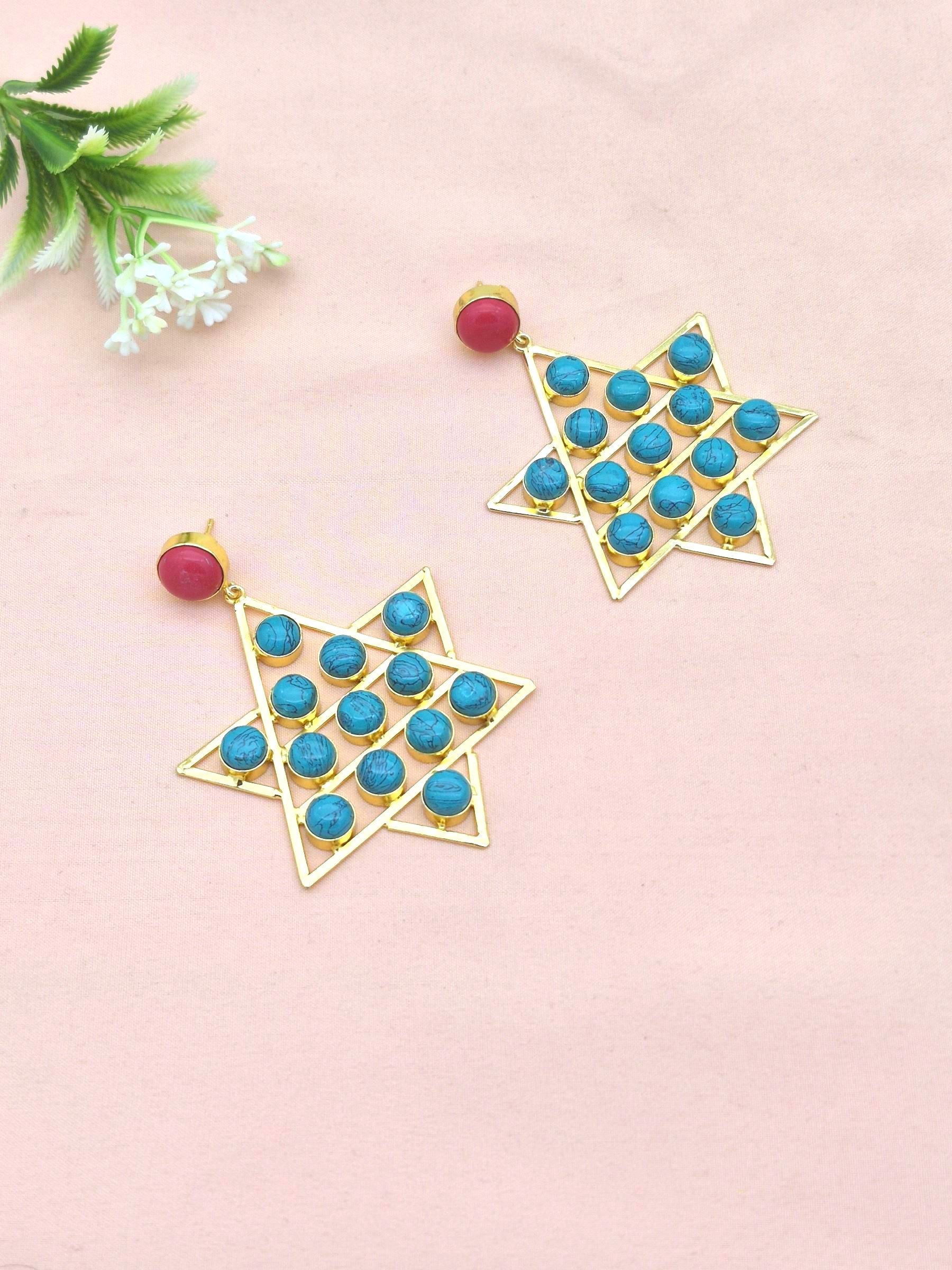 Amazing Gold Plated Red Glass-Synthetic Turquoise Astronomical Star Designer Party Wear Dangle Drop Earrings