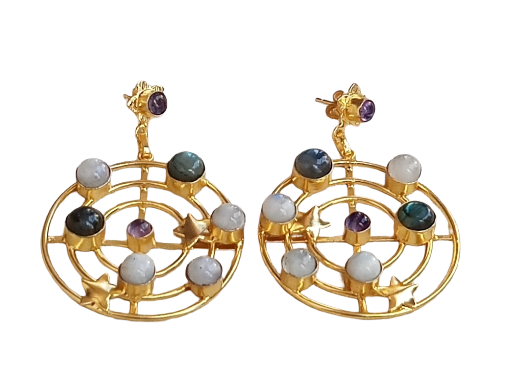 Awesome Gold Plated Semi Precious Stones Astronomical Designer Dangle Drop Earrings