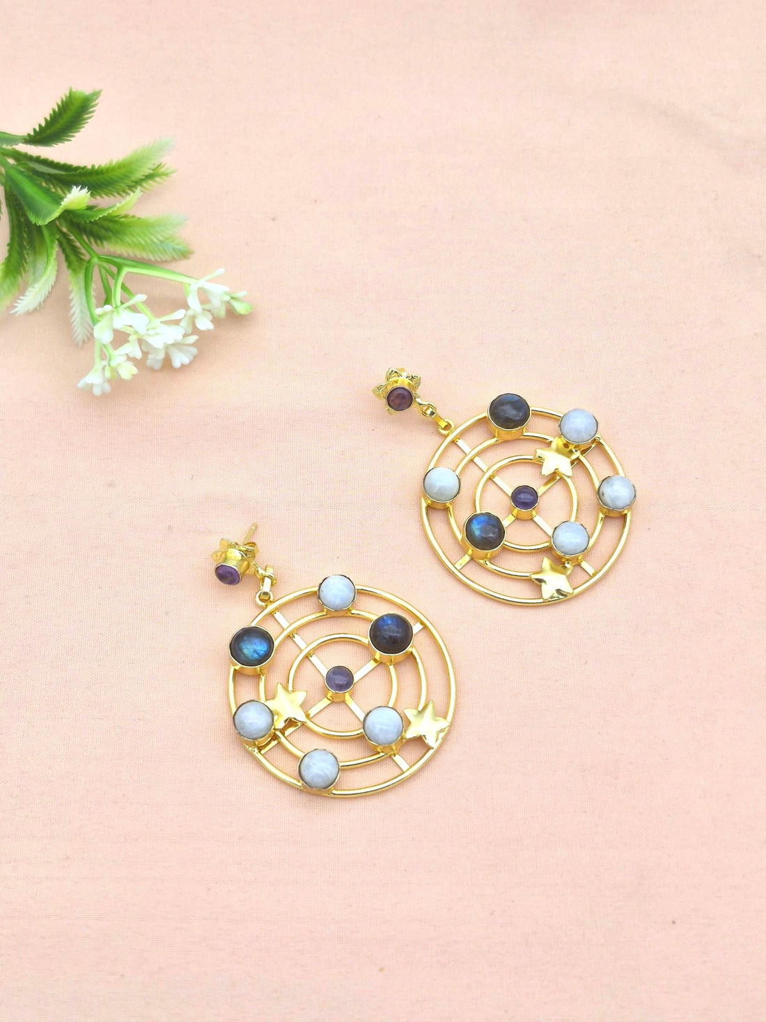 Awesome Gold Plated Semi Precious Stones Astronomical Designer Dangle Drop Earrings