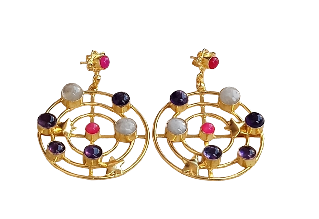 Awesome Gold Plated Semi Precious Stones Astronomical Designer Dangle Drop Earrings