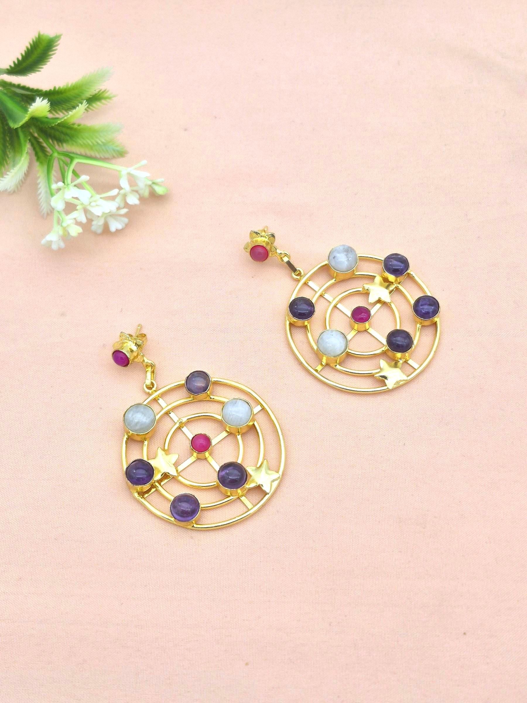 Awesome Gold Plated Semi Precious Stones Astronomical Designer Dangle Drop Earrings