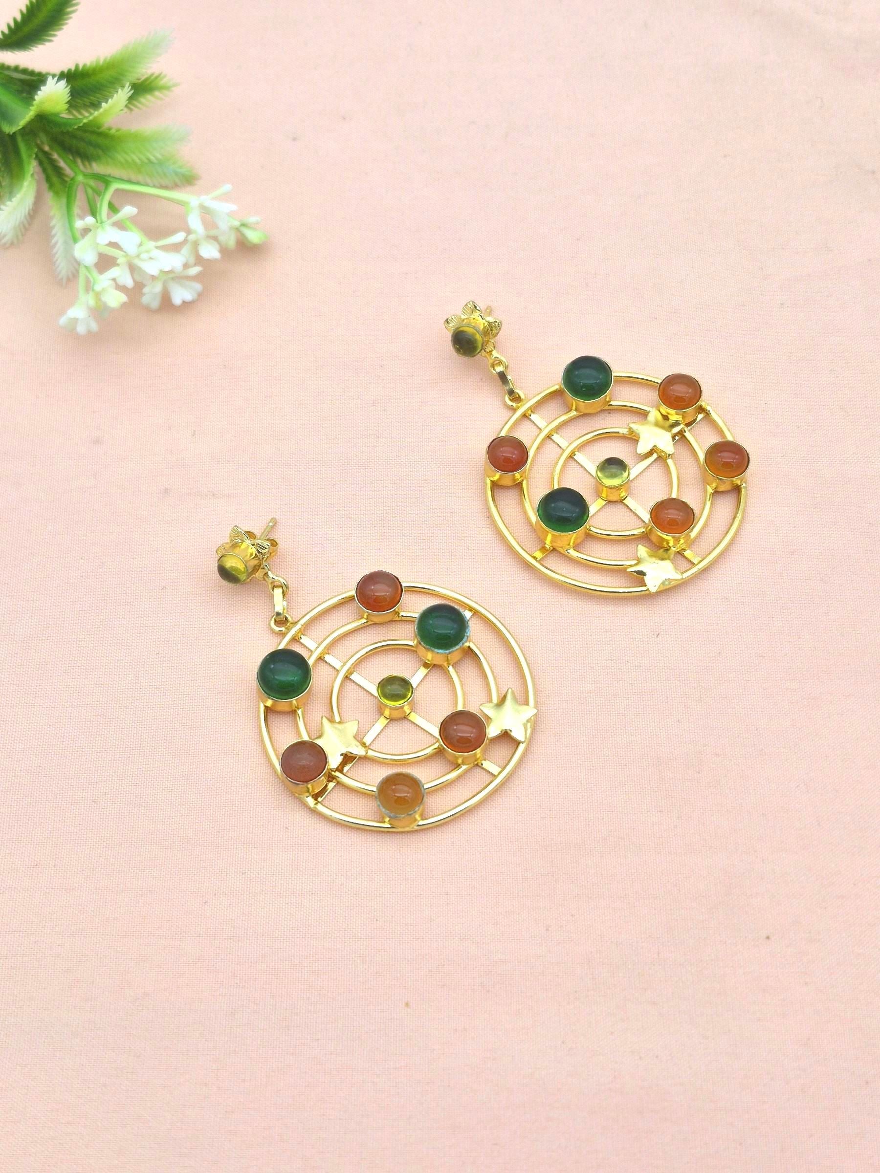 Awesome Gold Plated Semi Precious / Imitation Stones Astronomical Designer Dangle Drop Earrings