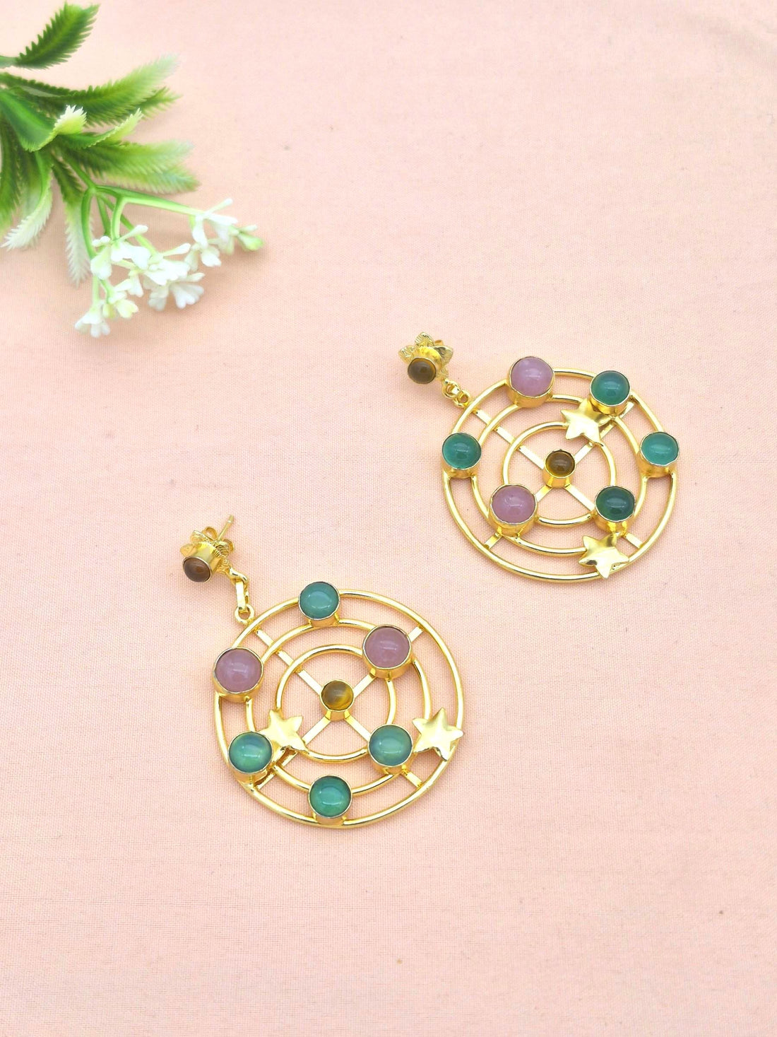 Awesome Gold Plated Semi Precious / Imitation Stones Astronomical Designer Dangle Drop Earrings