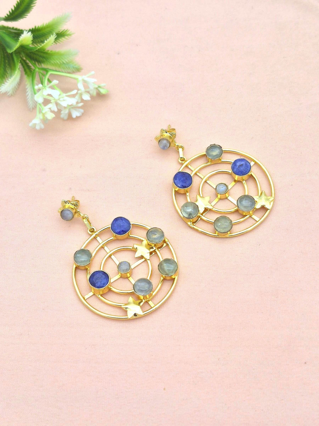 Awesome Gold Plated Semi Precious Stones Astronomical Designer Dangle Drop Earrings