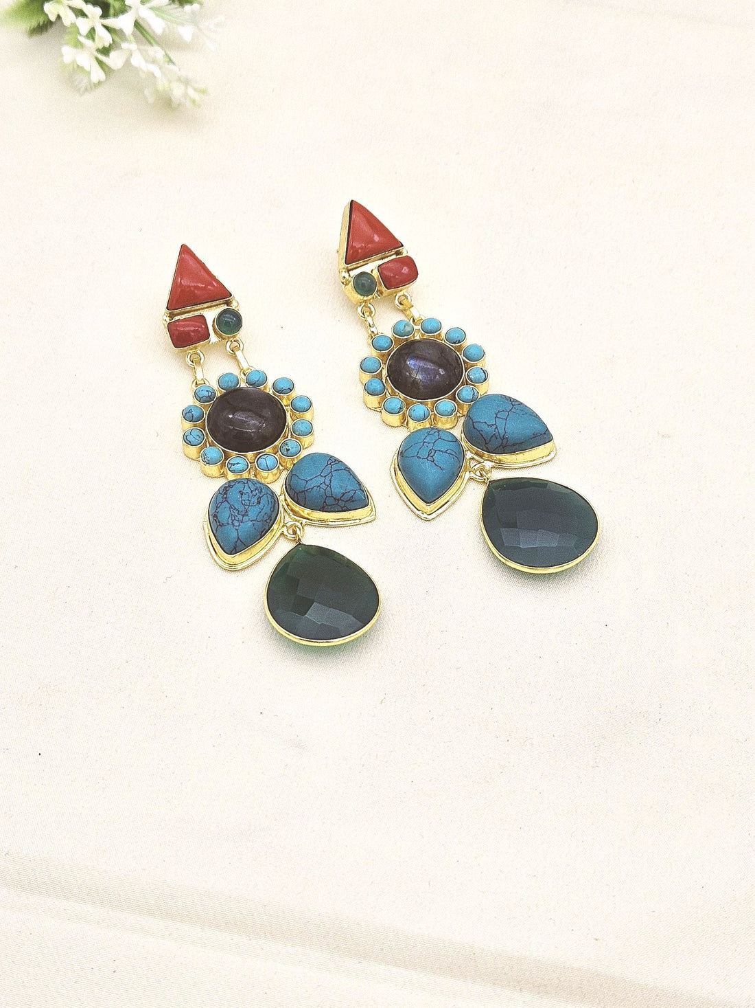 Amazing Antique Gold Multi Color Semi  Precious Stones Dangle Drop Earring