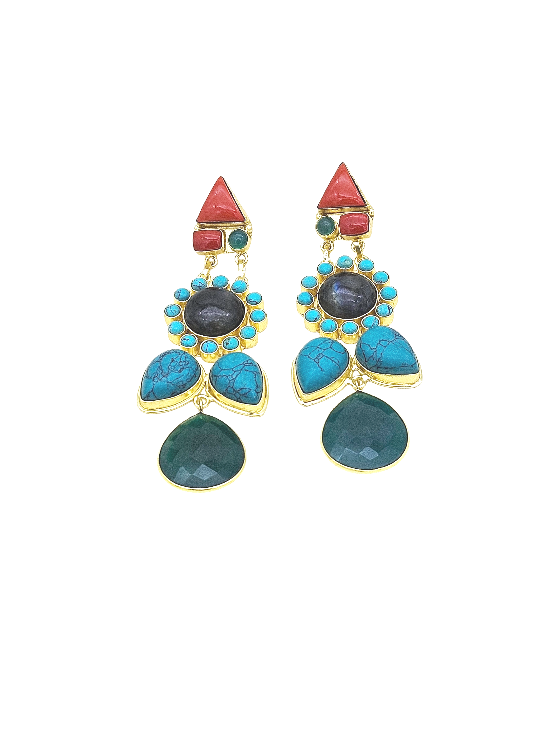 Amazing Antique Gold Multi Color Semi  Precious Stones Dangle Drop Earring