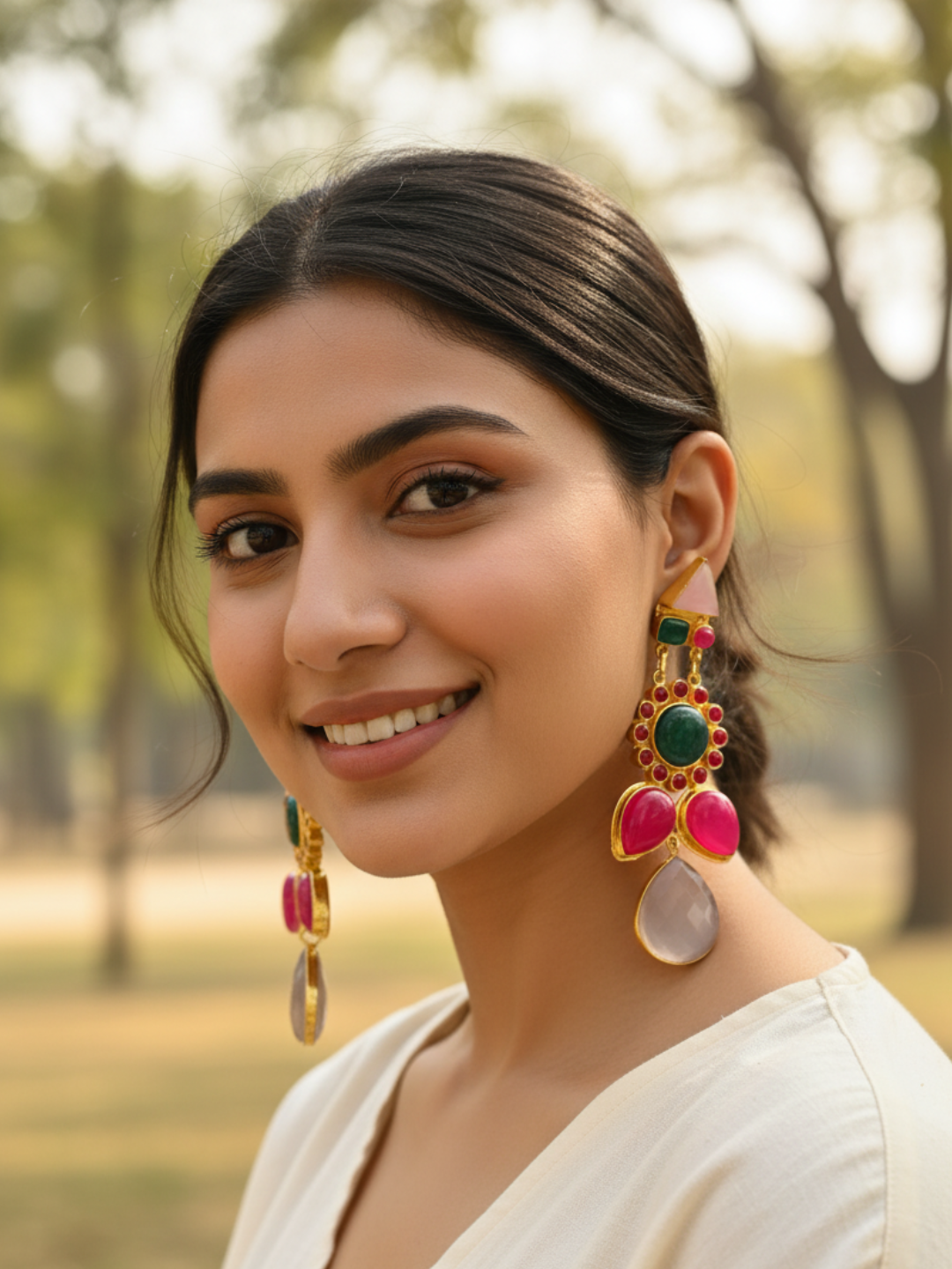 Amazing Antique Gold Multi Color Semi  Precious Stones Dangle Drop Earring