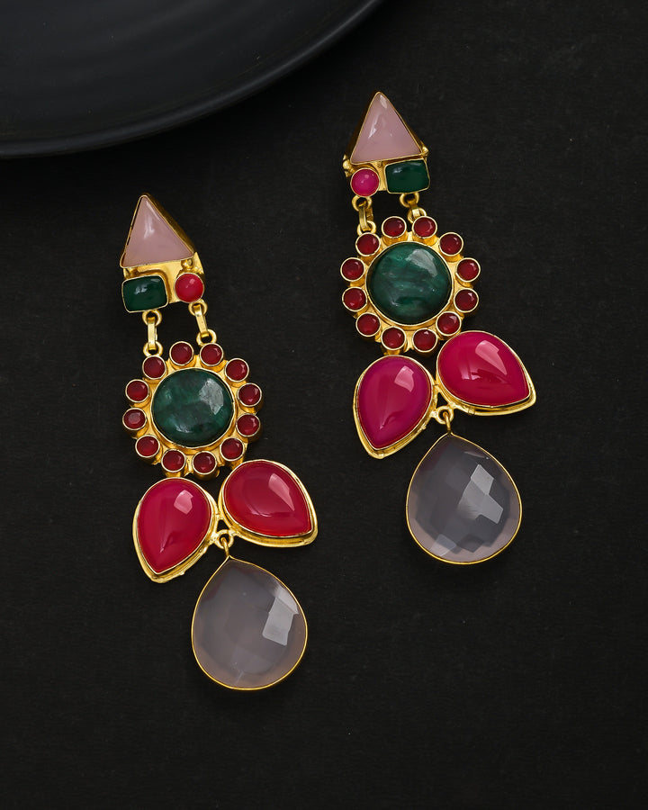 Elegant antique gold dangle earrings for women with vibrant semi-precious stones – perfect for festive wear
