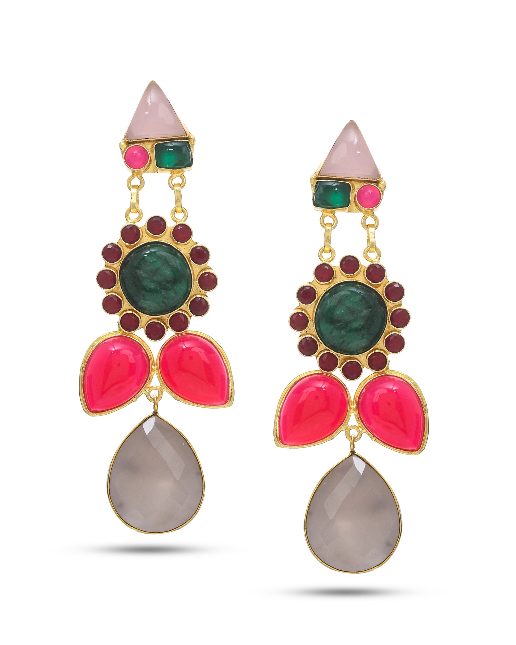 Antique gold dangle earrings with semi-precious stones, paired with traditional attire for a festive look
