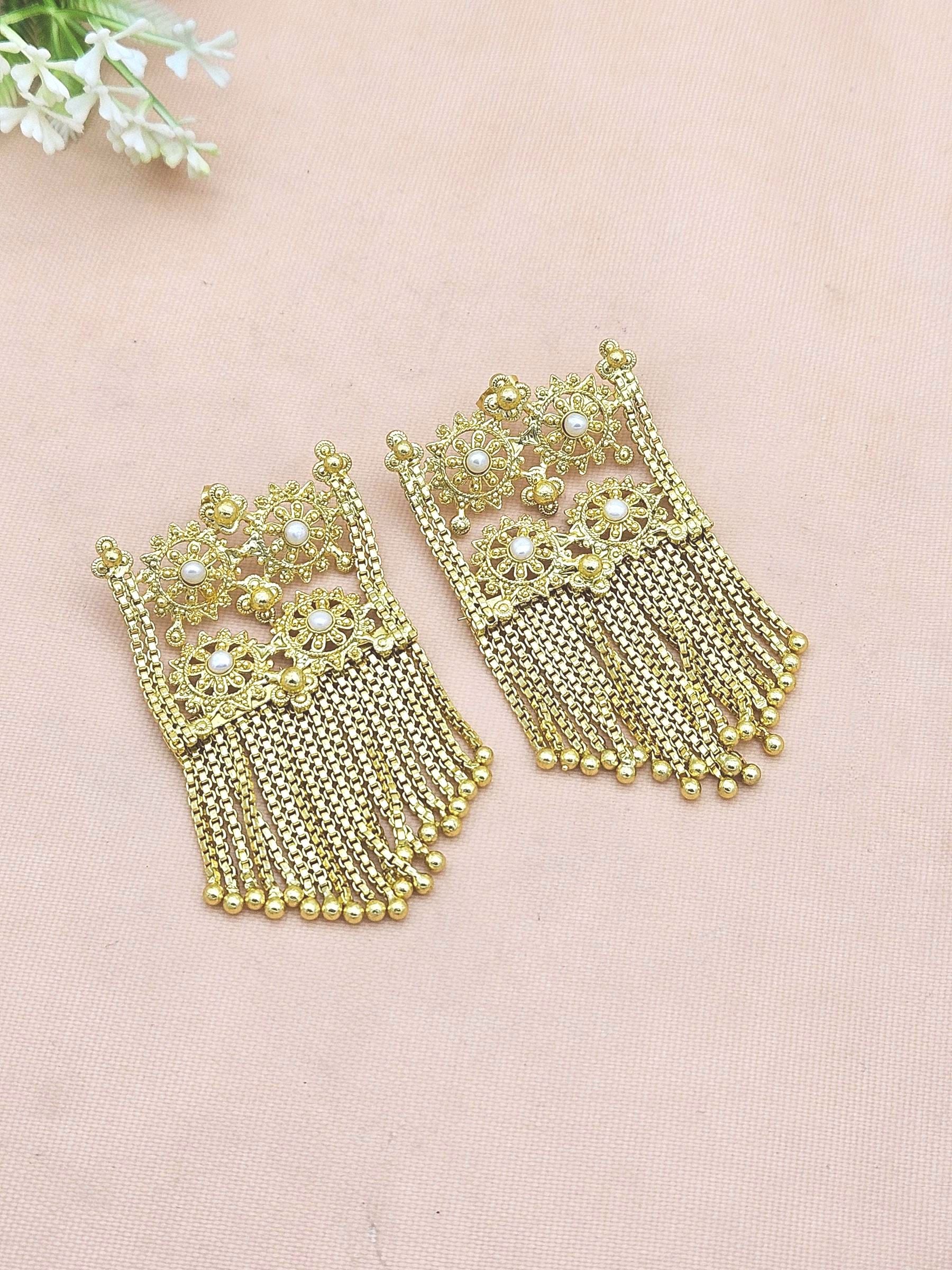 Gorgeous Gold Plated Pearl Multi Chain Chandelier Designer Dangle Drop Earrings