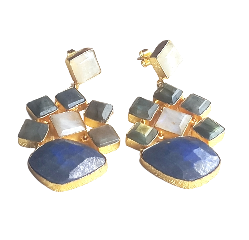 Stunning Gold Plated White Rainbow-Labradorite-Lapis Stones Dangle Drop Earrings