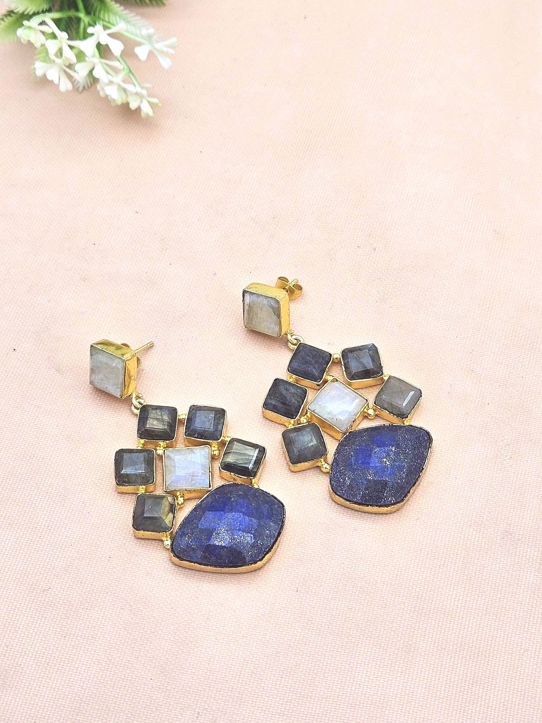 Stunning Gold Plated White Rainbow-Labradorite-Lapis Stones Dangle Drop Earrings