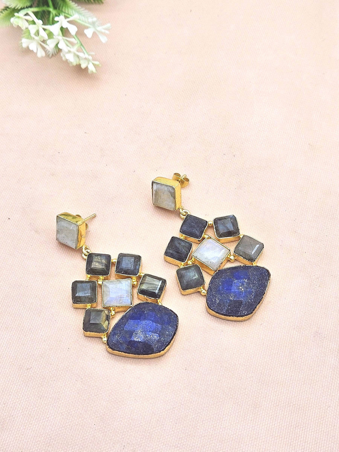 Stunning Gold Plated White Rainbow-Labradorite-Lapis Stones Dangle Drop Earrings