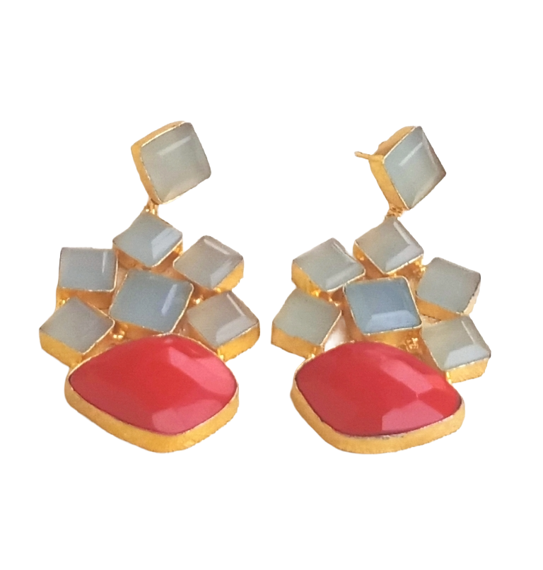 Stunning Gold Plated Chalcedony-Coral Glass Stones Dangle Drop Earrings