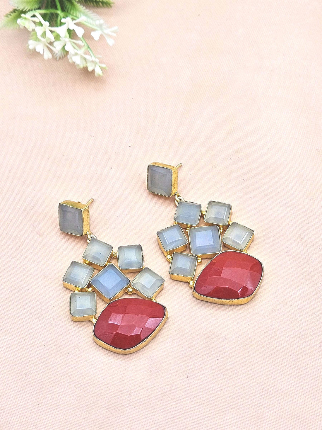 Stunning Gold Plated Chalcedony-Coral Glass Stones Dangle Drop Earrings