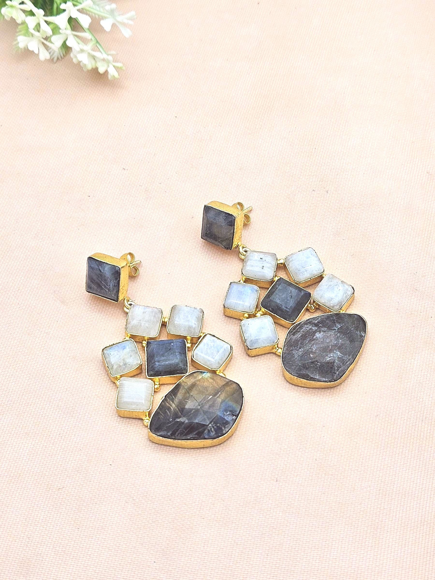 Stunning Gold Plated Labradorite-White Rainbow Gem Stones Dangle Drop Earrings