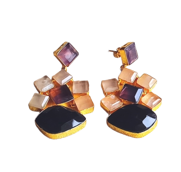 Stunning Gold Plated Amethyst-Rose Quartz-Black Onyx Gem Stones Dangle Drop Earrings
