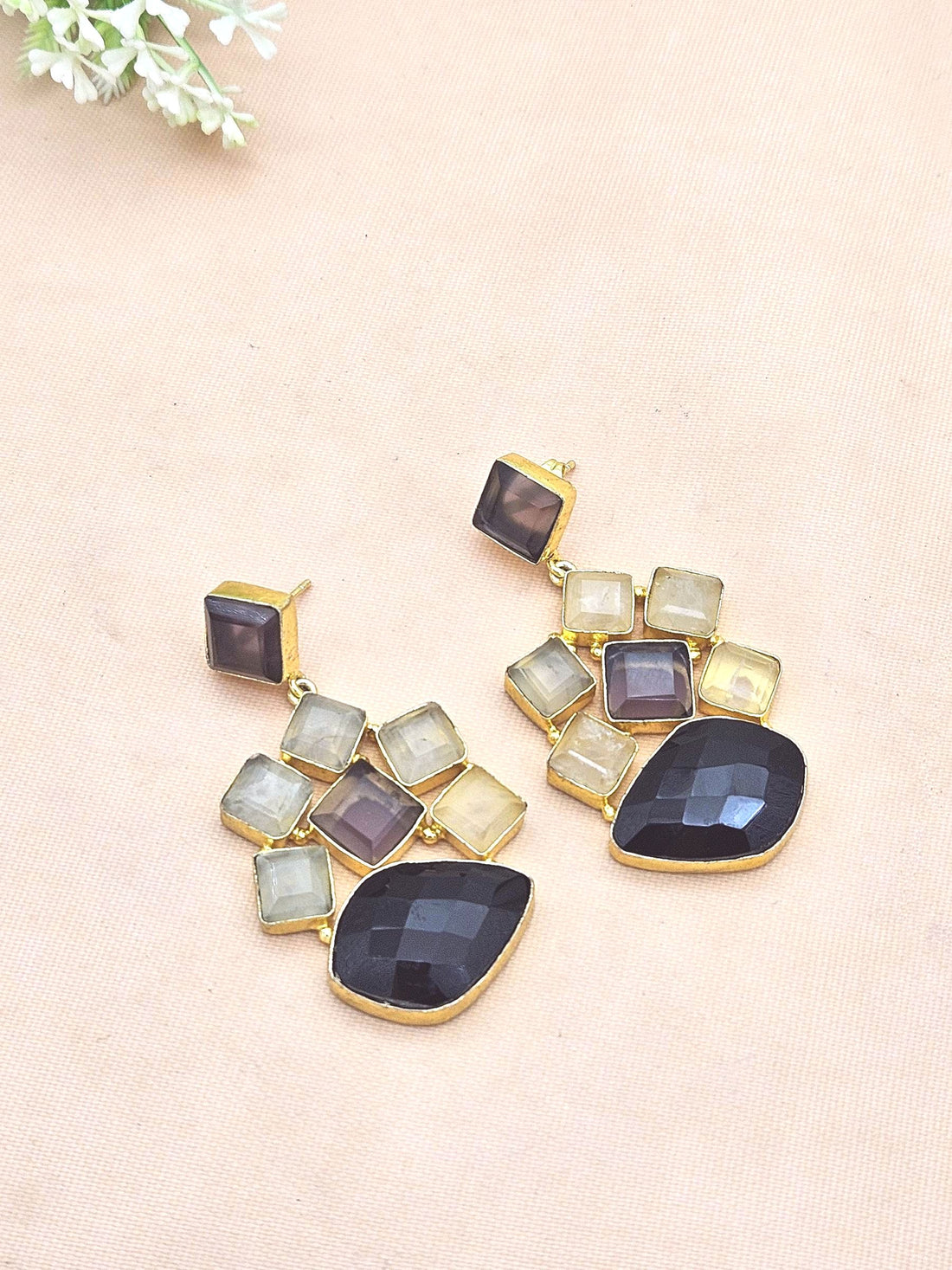 Stunning Gold Plated Amethyst-Rose Quartz-Black Onyx Gem Stones Dangle Drop Earrings