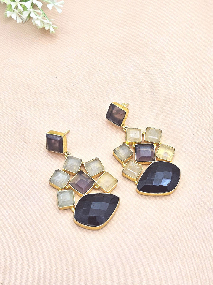 Stunning Gold Plated Amethyst-Rose Quartz-Black Onyx Gem Stones Dangle Drop Earrings