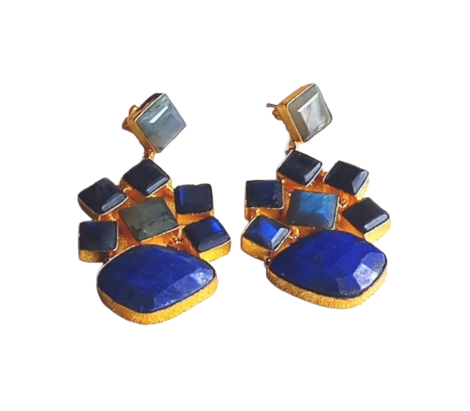 Stunning Gold Plated Labradorite-Lapis Gem Stones Dangle Drop Earrings