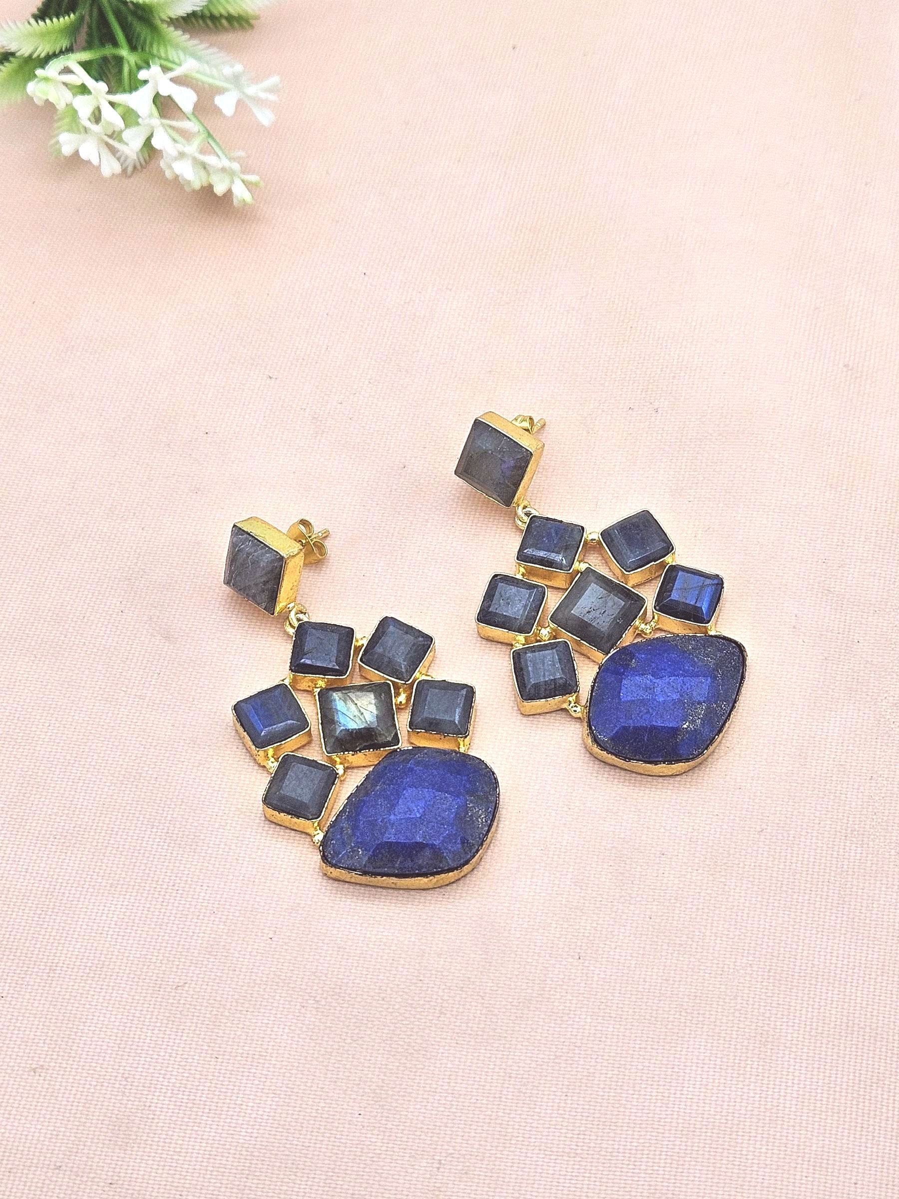 Stunning Gold Plated Labradorite-Lapis Gem Stones Dangle Drop Earrings