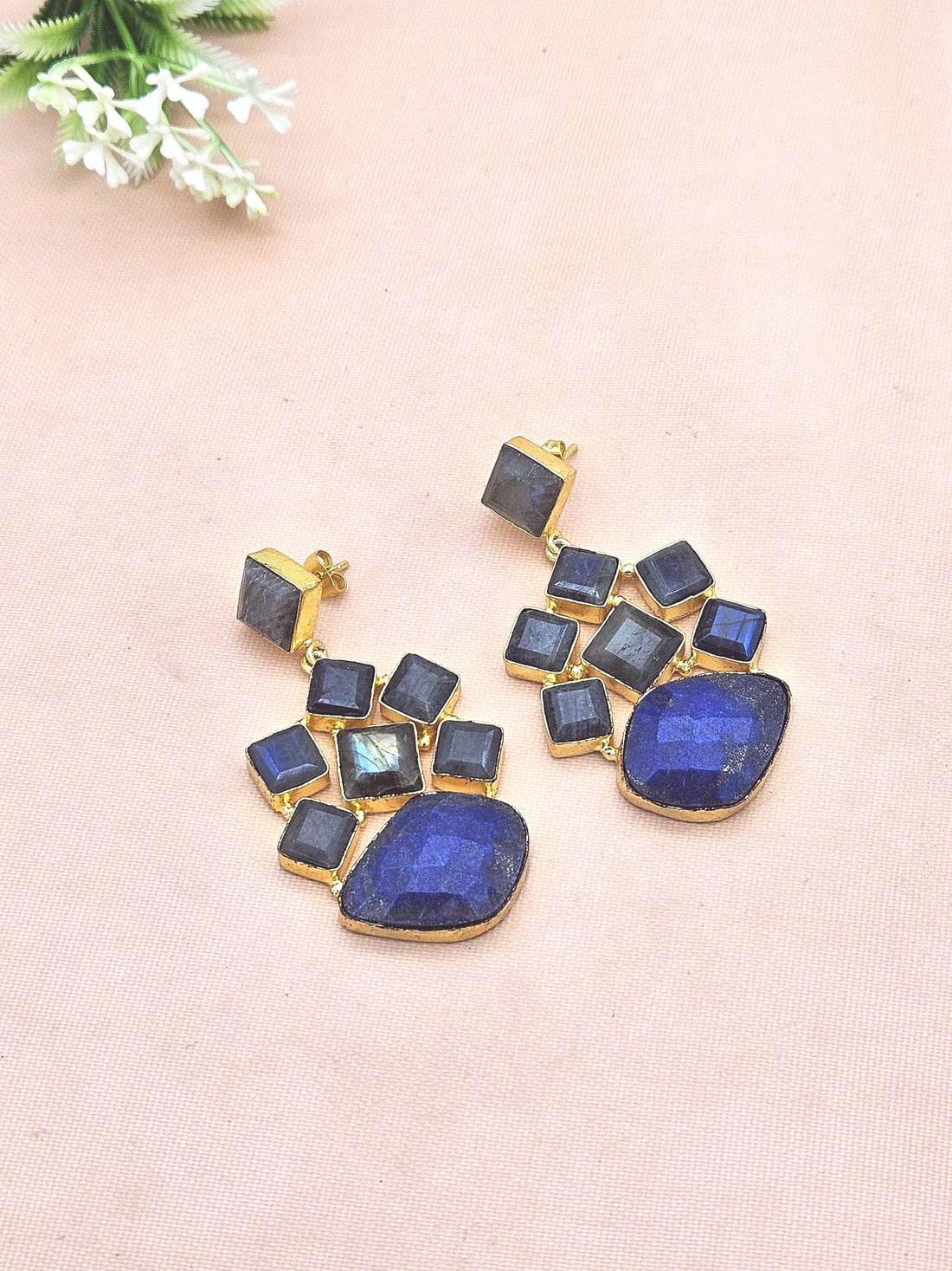 Stunning Gold Plated Labradorite-Lapis Gem Stones Dangle Drop Earrings