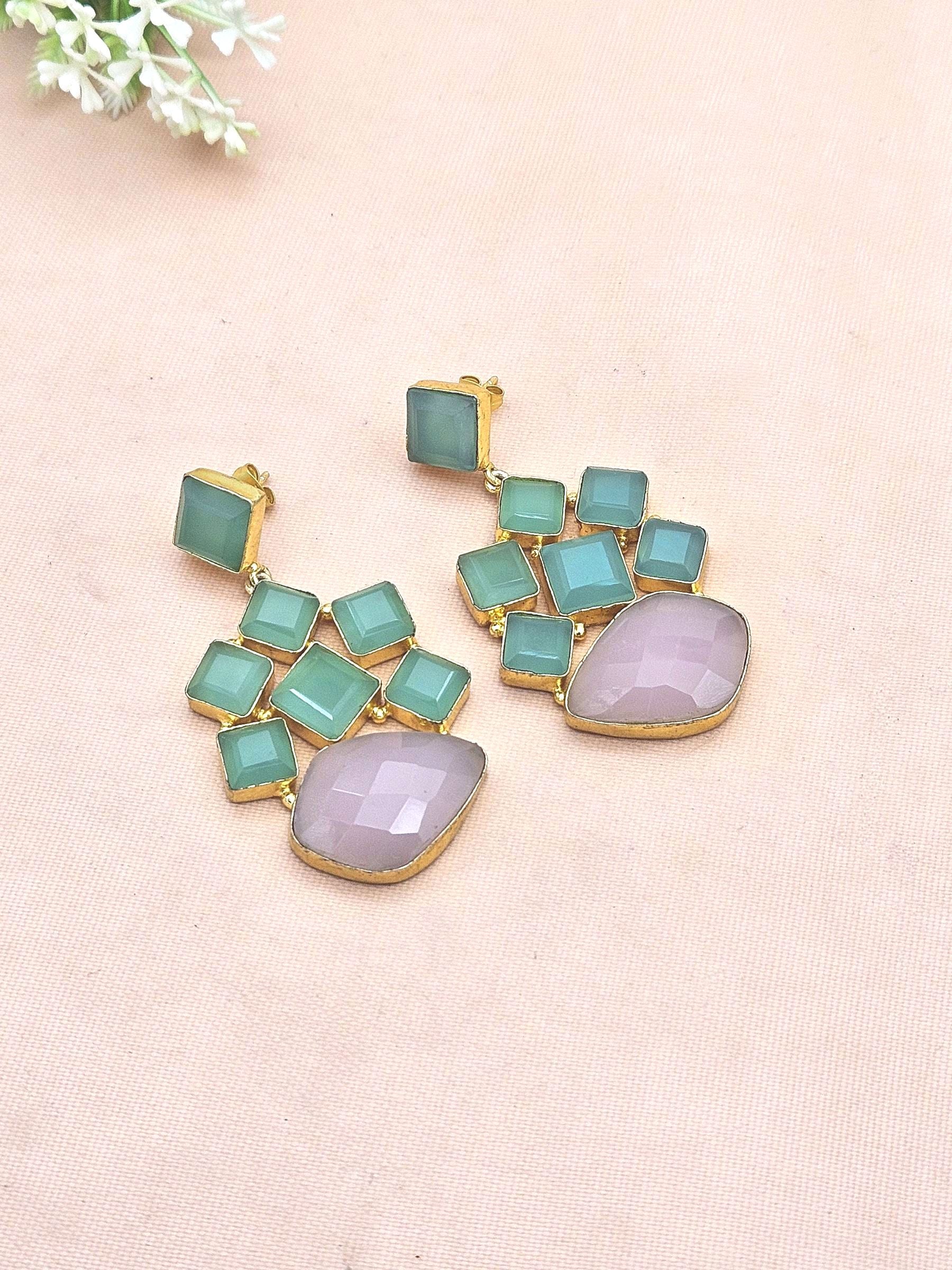 Stunning Gold Plated Aquamarine-Rose Quartz Gem Stones Dangle Drop Earrings