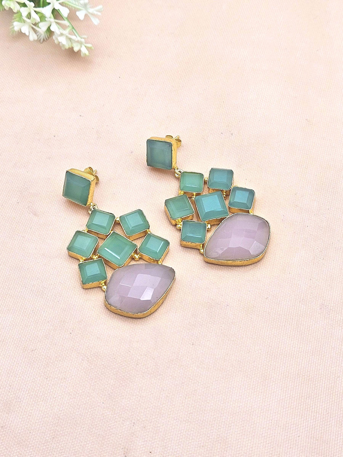 Stunning Gold Plated Aquamarine-Rose Quartz Gem Stones Dangle Drop Earrings