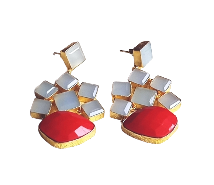 Stunning Gold Plated Chalcedony-Red Glass Gem Stones Dangle Drop Earrings