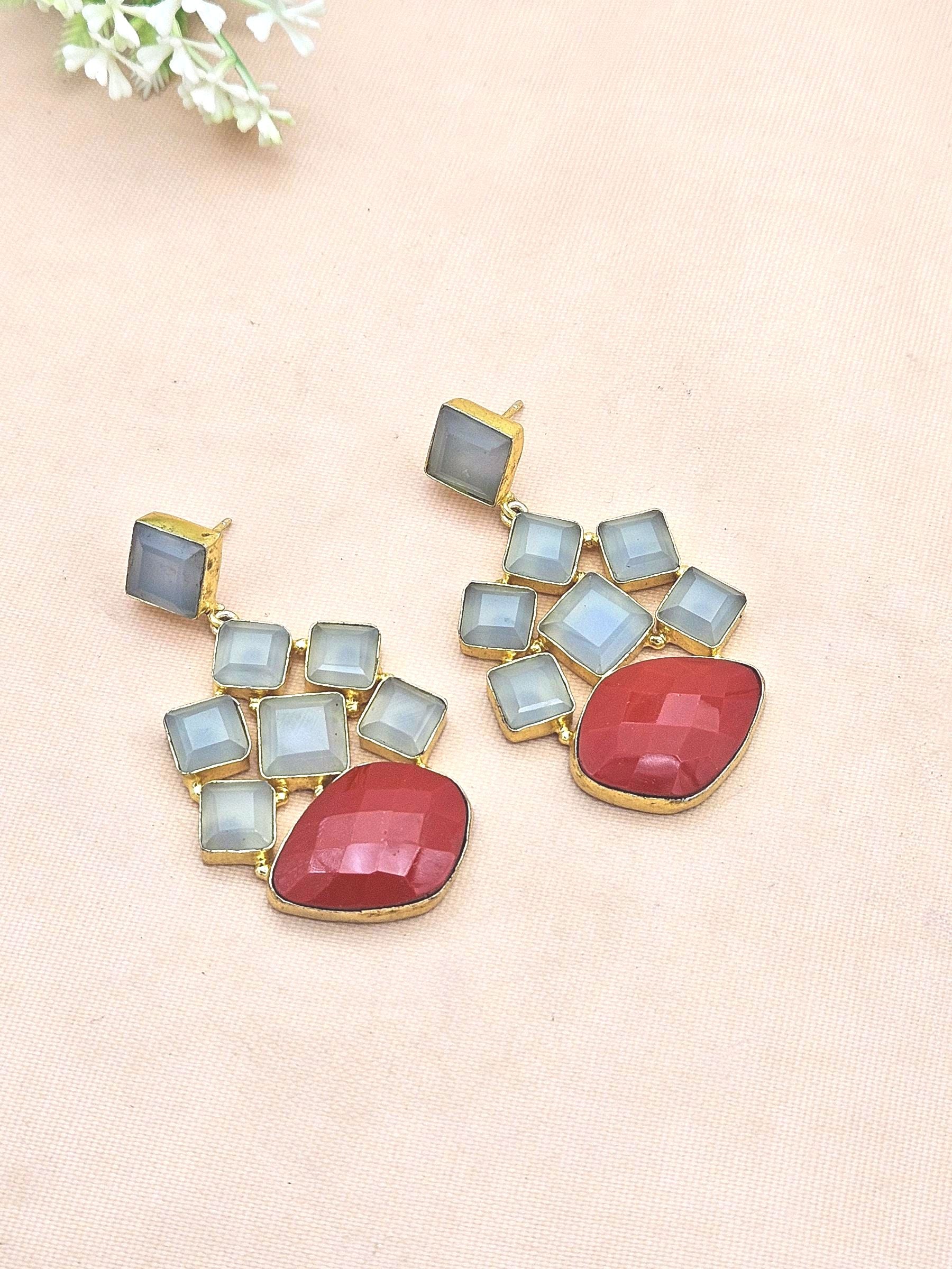 Stunning Gold Plated Chalcedony-Red Glass Gem Stones Dangle Drop Earrings