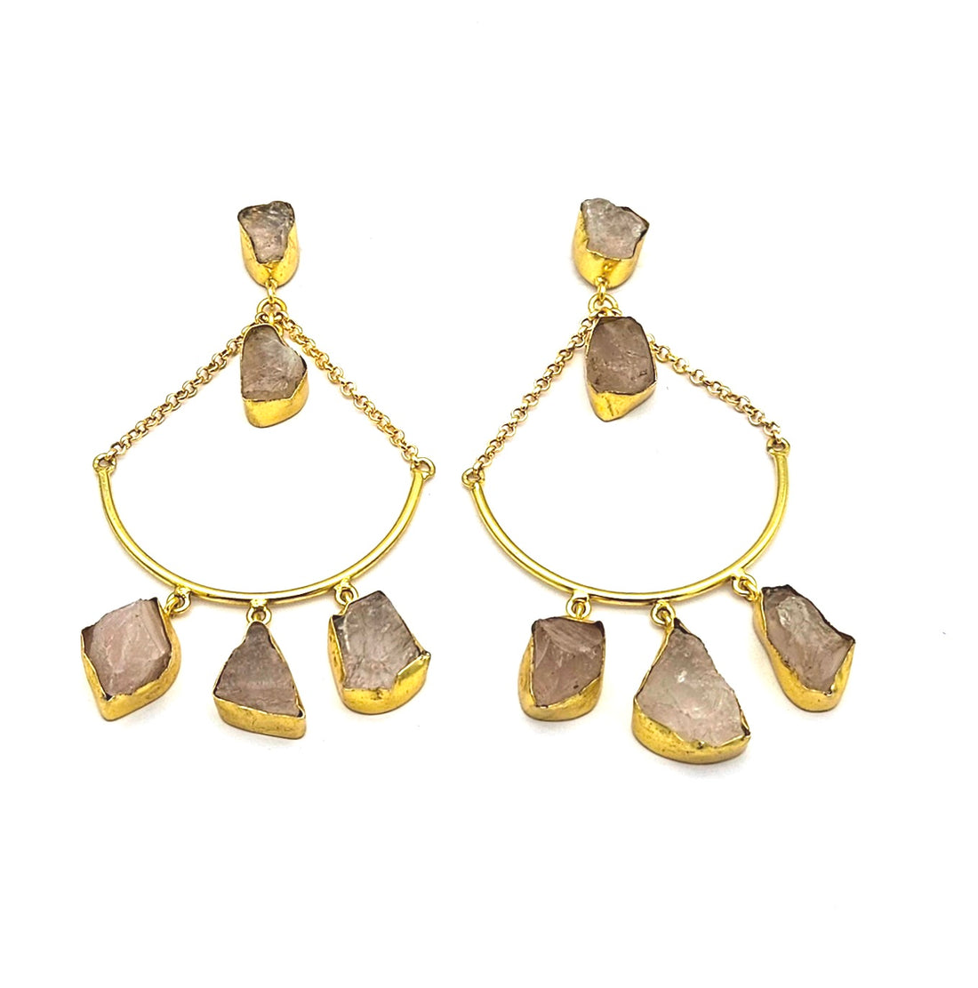 Amazing Gold Plated Rough Rose Quartz Stone Hanging Chain Charming Dangle Drop Earrings