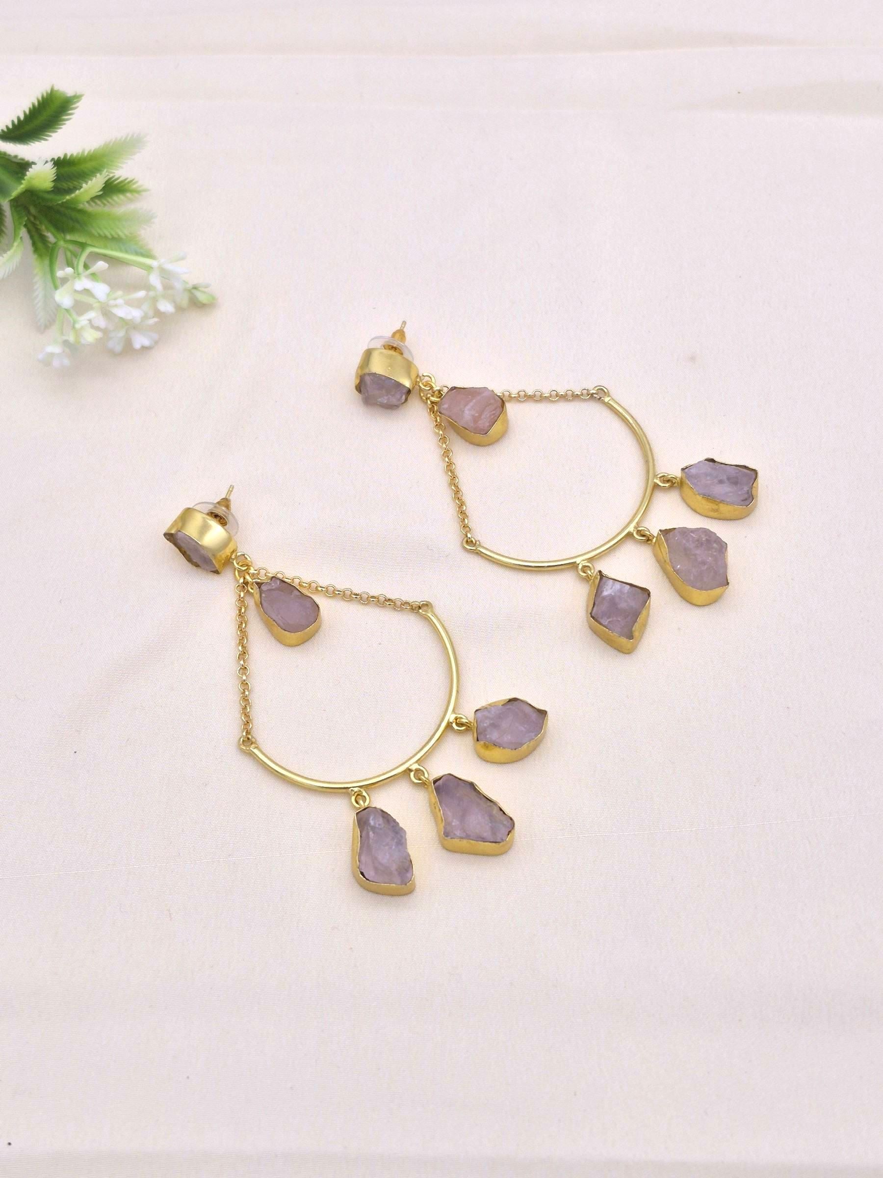 Amazing Gold Plated Rough Rose Quartz Stone Hanging Chain Charming Dangle Drop Earrings