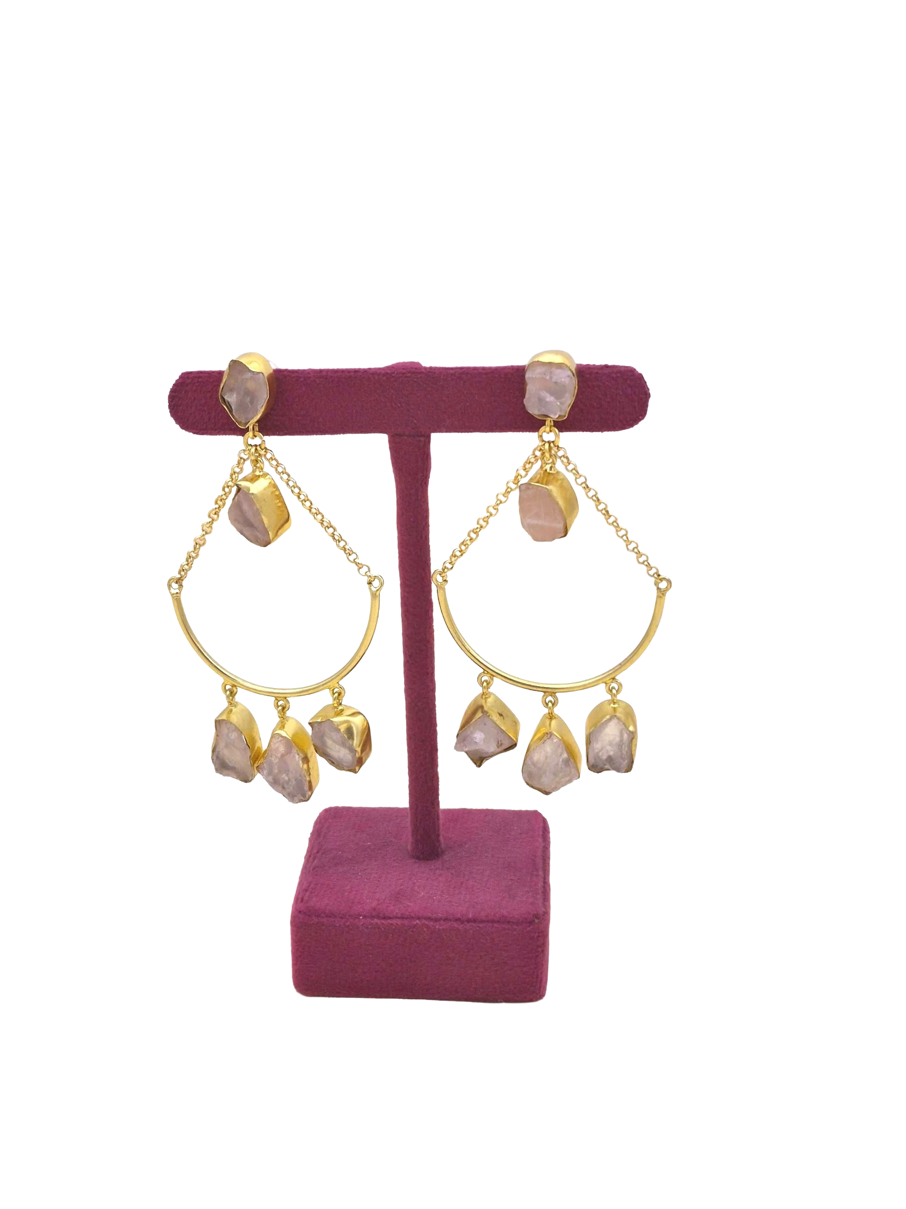 Amazing Gold Plated Rough Rose Quartz Stone Hanging Chain Charming Dangle Drop Earrings